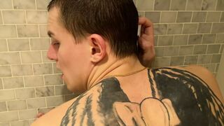 Stepfather fucked stepson well in the bathroom and finished his whole mouth with sperm - 1 image