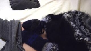 Wool, Sweater Fetish.  Long extended masturbation and fapping with sweaters, sweater pants, mittens and a large cum shot