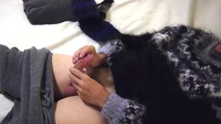 Wool, Sweater Fetish.  Long extended masturbation and fapping with sweaters, sweater pants, mittens and a large cum shot - 14 image
