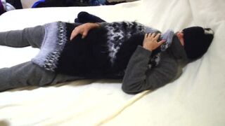 Wool, Sweater Fetish.  Long extended masturbation and fapping with sweaters, sweater pants, mittens and a large cum shot - 2 image