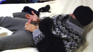 Wool, Sweater Fetish.  Long extended masturbation and fapping with sweaters, sweater pants, mittens and a large cum shot - 5 image