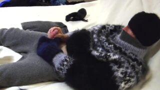 Wool, Sweater Fetish.  Long extended masturbation and fapping with sweaters, sweater pants, mittens and a large cum shot - 6 image