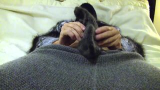 Wool, Sweater Fetish.  Long extended masturbation and fapping with sweaters, sweater pants, mittens and a large cum shot