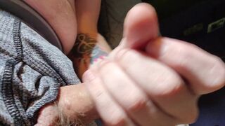 Sexy man jerking off with lube after work. Close up cumshot