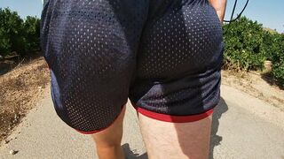 SO HOT! RUNNING WITH MY ERECT COCK OUT WEARING SHINY SEE THRU COCK SPORT SHORTS - 3 image