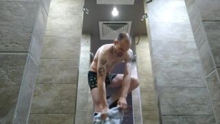 Puplic place naked. Skinny fit body flexing and taking a shower in city puplic showers - 2 image