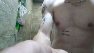 Puplic place naked. Skinny fit body flexing and taking a shower in city puplic showers - 7 image