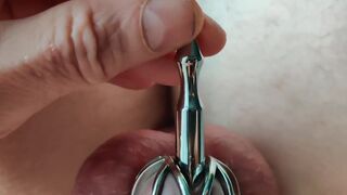 Chastity, urethral fuck close up and slow motion cumshot