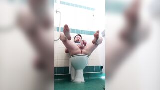 Naked wanking in a public restroom - 1 image