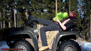Biker fucks plush toy while on ATV four wheeler in the wilderness. - 15 image