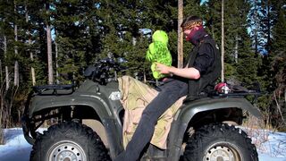 Biker fucks plush toy while on ATV four wheeler in the wilderness. - 3 image