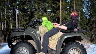 Biker fucks plush toy while on ATV four wheeler in the wilderness. - 4 image