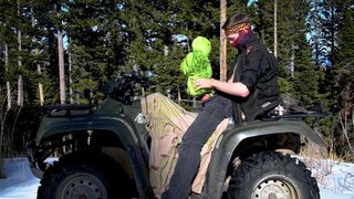 Biker fucks plush toy while on ATV four wheeler in the wilderness. - 8 image