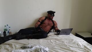 Leather hunk in chaps with gloves masturbating to porn (Paul Europe) - 3 image