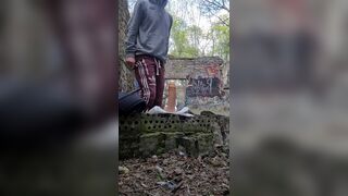 guy andkvcat in the woods on a dildo - 4 image