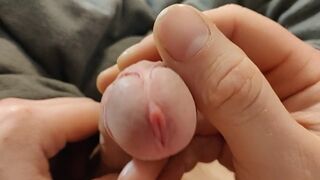 close up on precum on mycuddlingbears juicy dick while masturbating to get a big cumshot on bellybutton - 3 image