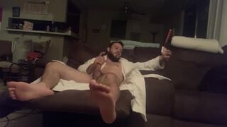 Dad finally Jerks Off after stressful day; smokes and strokes cock in his robe - 13 image
