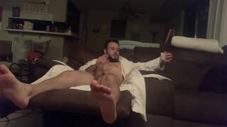 Dad finally Jerks Off after stressful day; smokes and strokes cock in his robe - 14 image