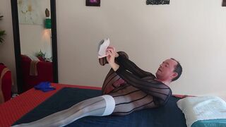 Crossdresser masturbates while teasing in sexy nylon stockings and high heels - part 1 - 9 image
